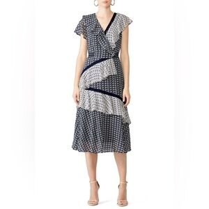 TANYA TAYLOR Ikat Adelina Dress Silk Navy Blue V-Neck Dress Size 10